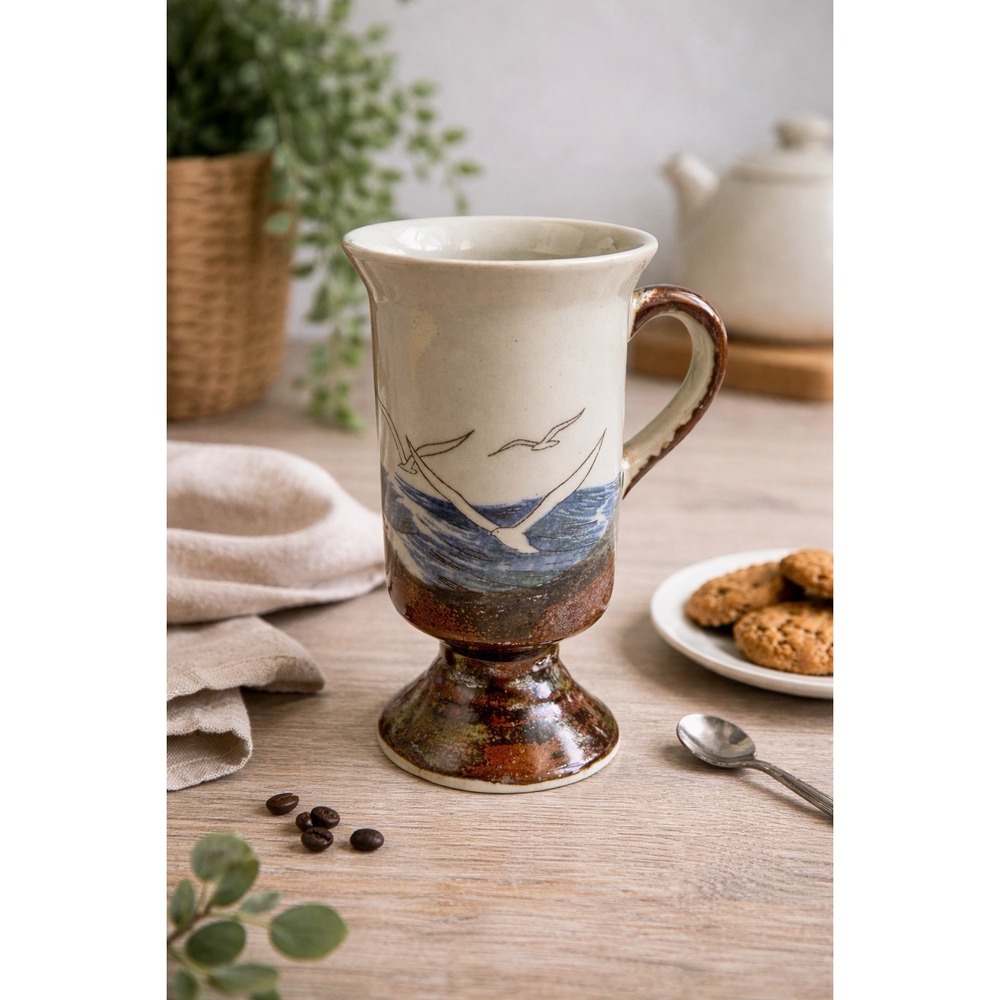 Vtg Otagiri Irish Coffee Footed Mug Light House Seagull Sea Scape 6,5"